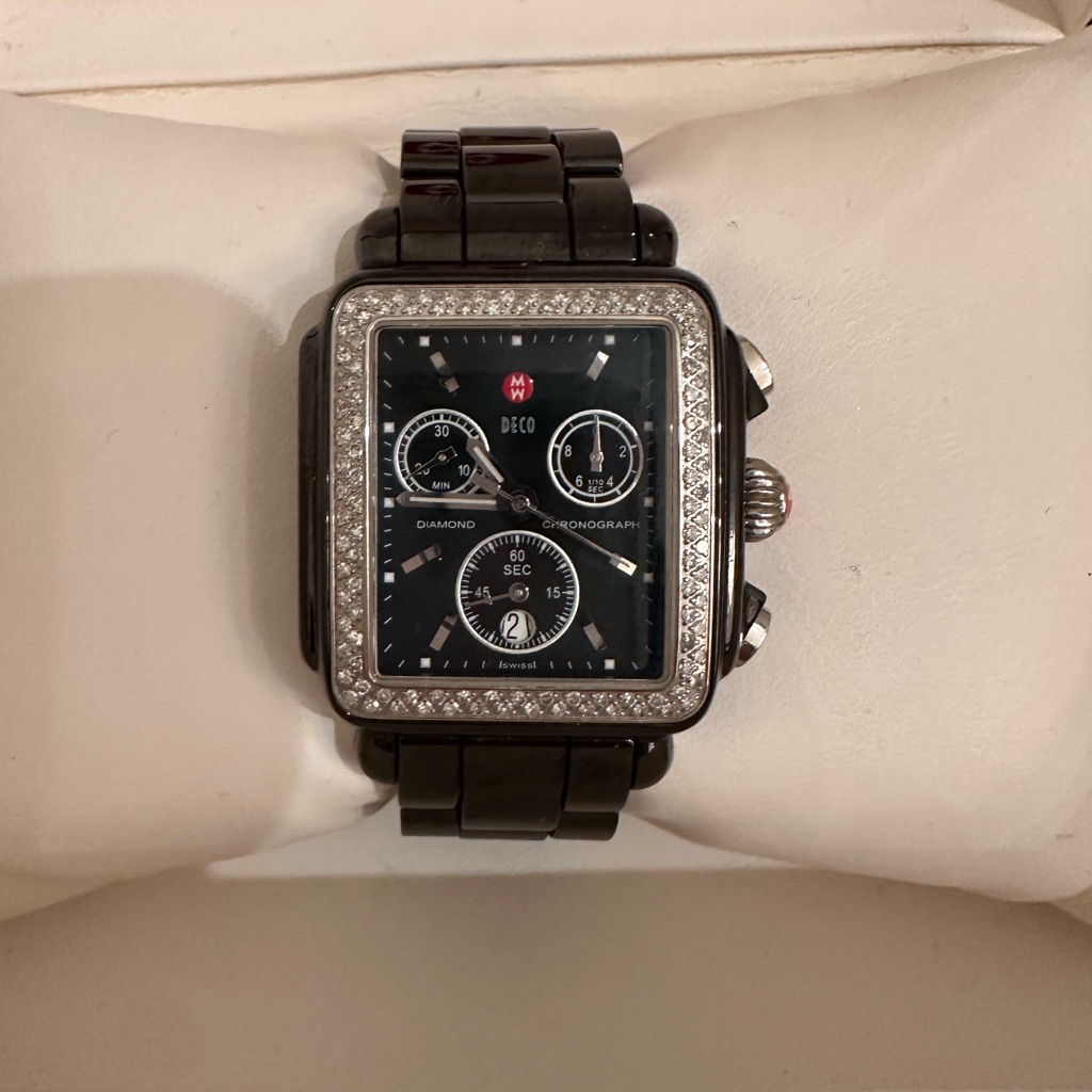 Deco Black Ceramic Chronograph Quartz Diamond Ladies Watch